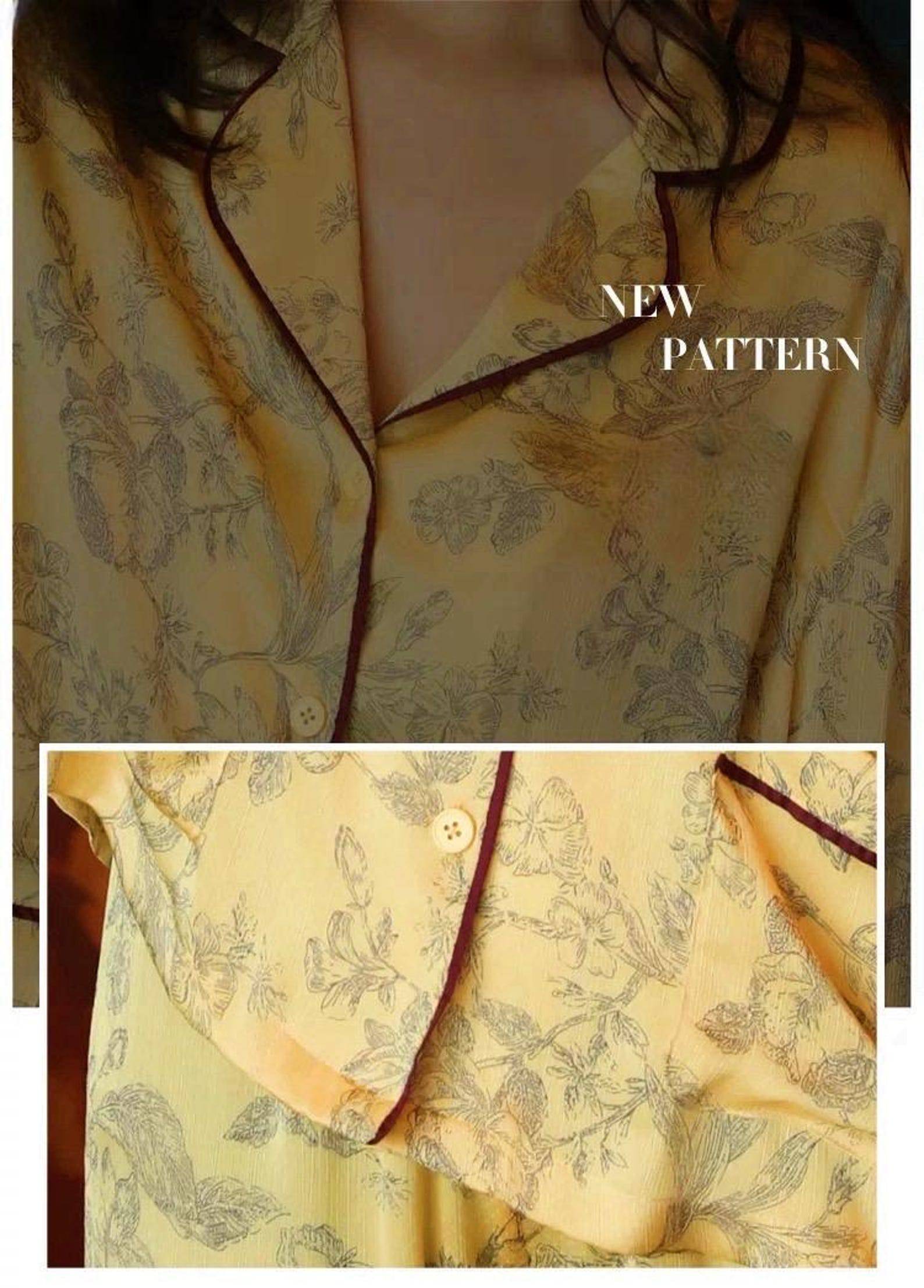 Silk Pyjamas Set in Classic Yellow with Oriental Floral Print - Lian